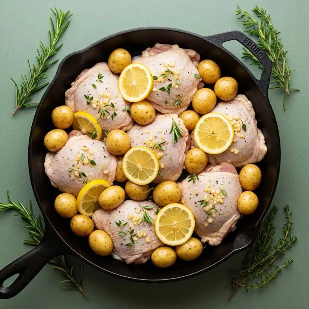 Chicken and potatoes assembled with lemon slices before oven roasting