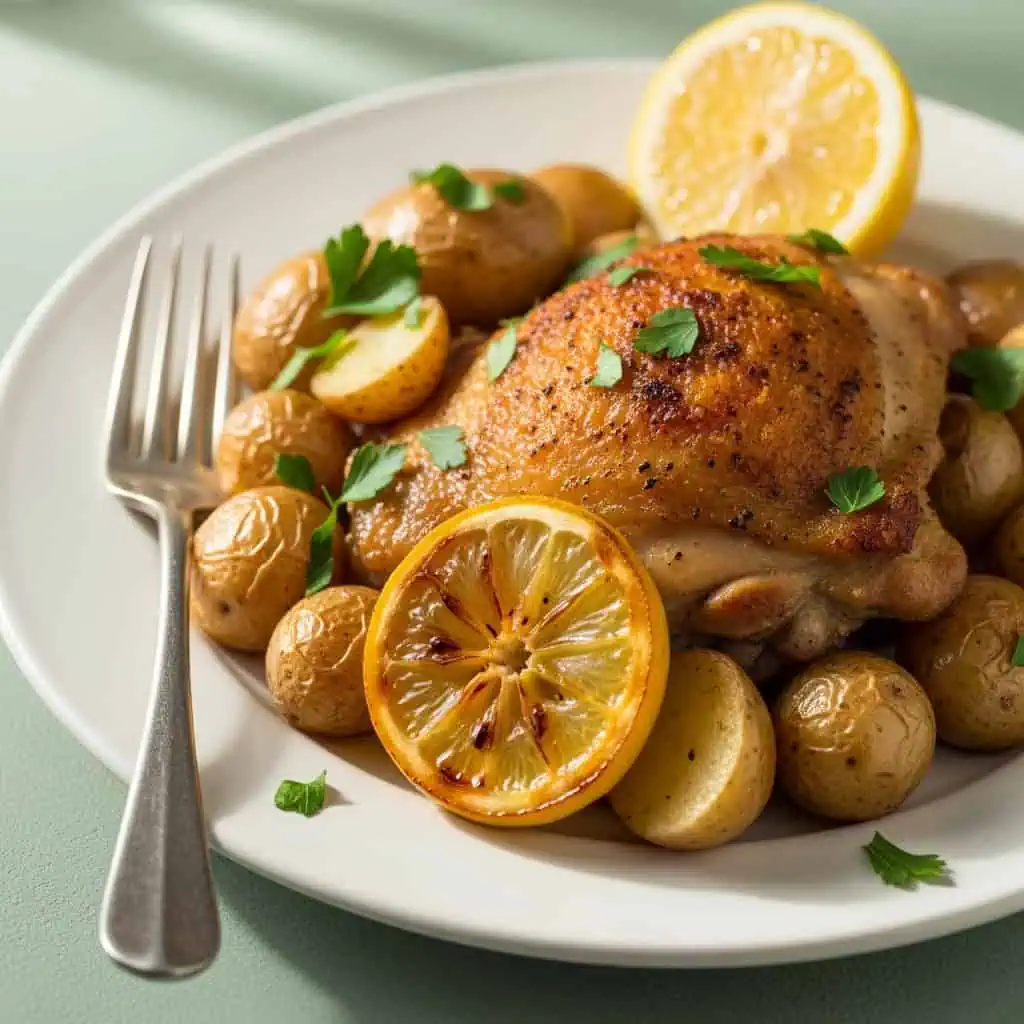  Finished one pot lemon chicken on plate with crispy thigh, potatoes, and caramelized lemon