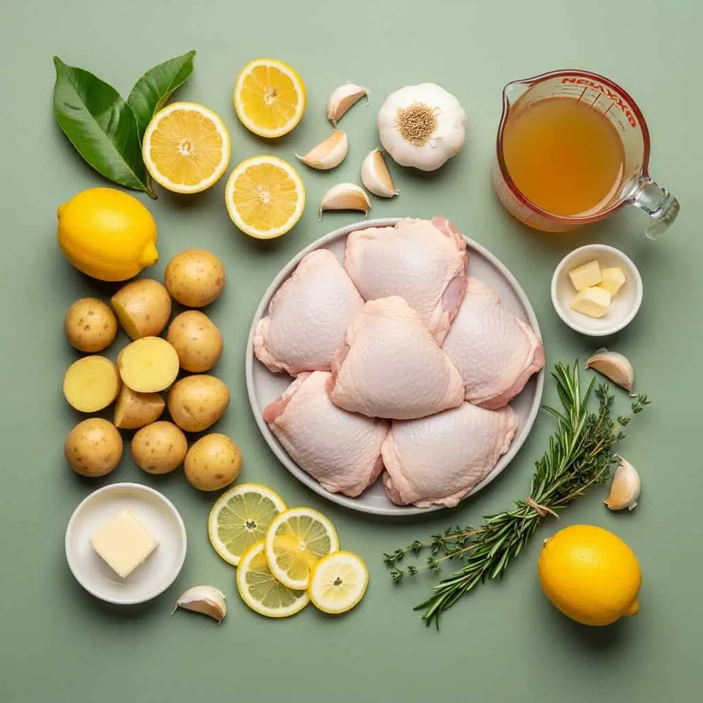 All ingredients for one pot lemon chicken including chicken thighs, potatoes, fresh lemons, and herbs