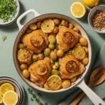 One pot lemon chicken in skillet with crispy thighs, roasted potatoes, and caramelized lemons