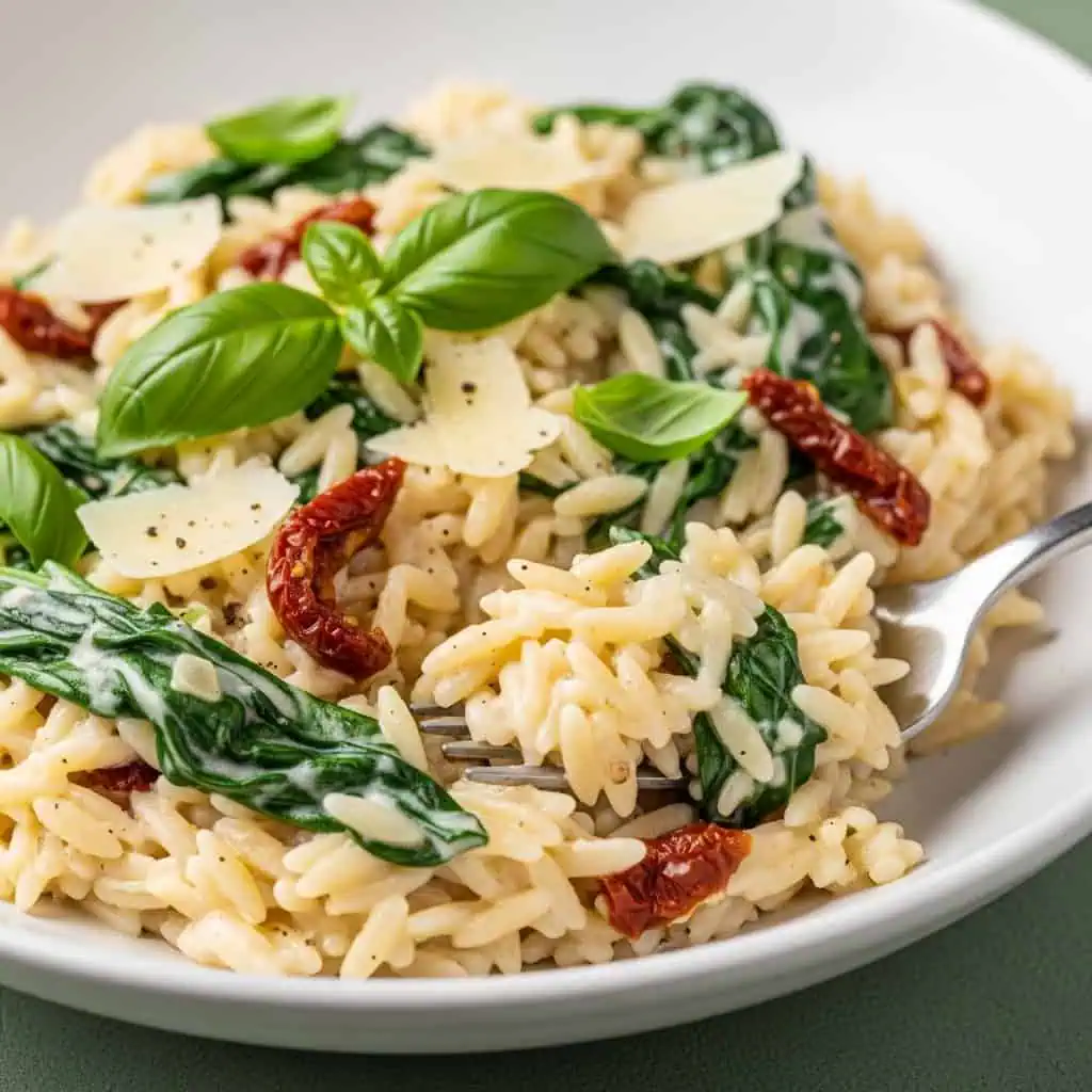 Finished creamy one pot orzo in bowl with spinach, sun-dried tomatoes, and parmesan