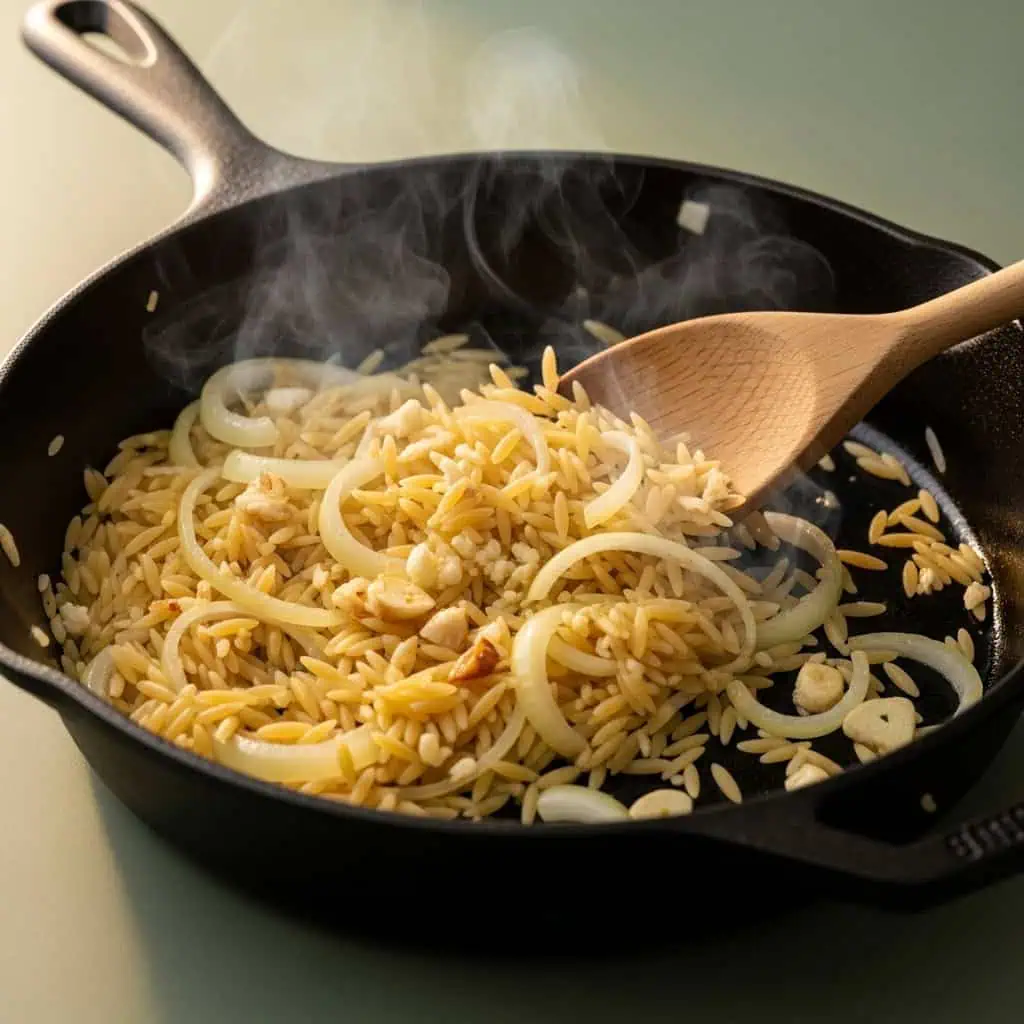 Orzo pasta being toasted with onions and garlic showing golden color development