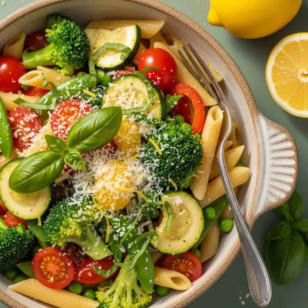  Finished one pot pasta primavera in bowl with colorful vegetables, Parmesan, and fresh herbs