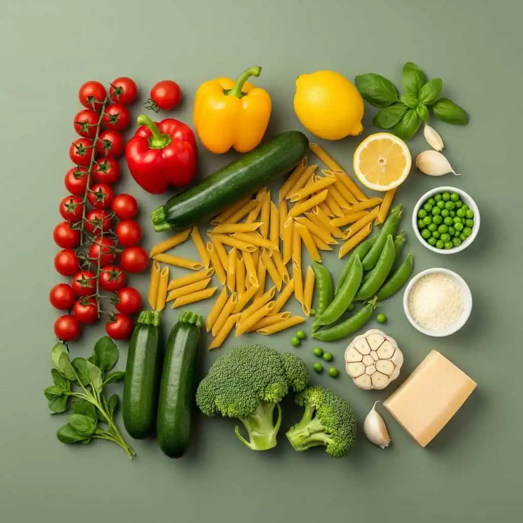 All ingredients for one pot pasta primavera with colorful fresh vegetables and pasta
