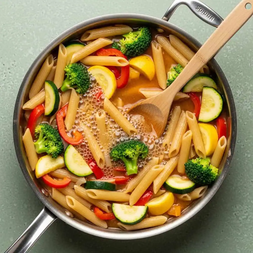 Penne pasta cooking with vegetables in vegetable broth showing one pot method
