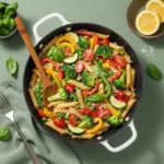 One pot pasta primavera with colorful vegetables and penne in light cream sauce