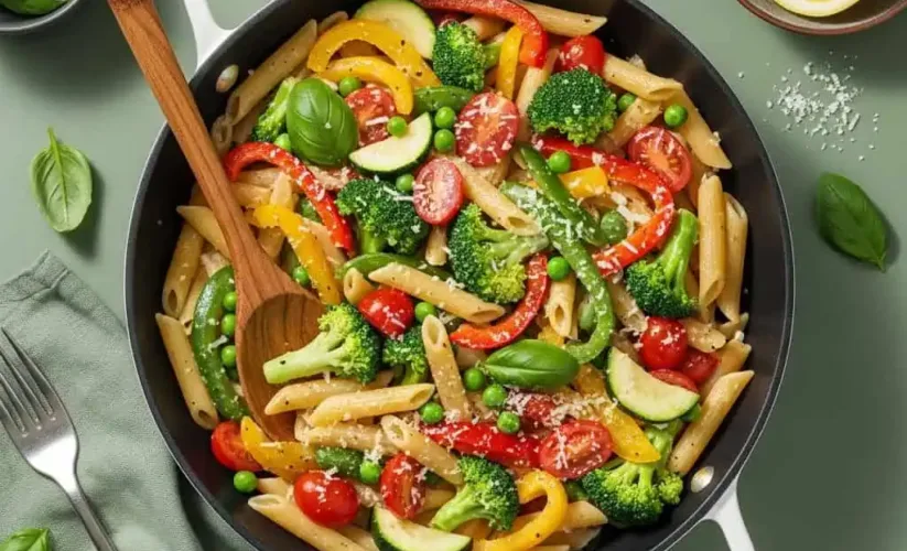 One pot pasta primavera with colorful vegetables and penne in light cream sauce