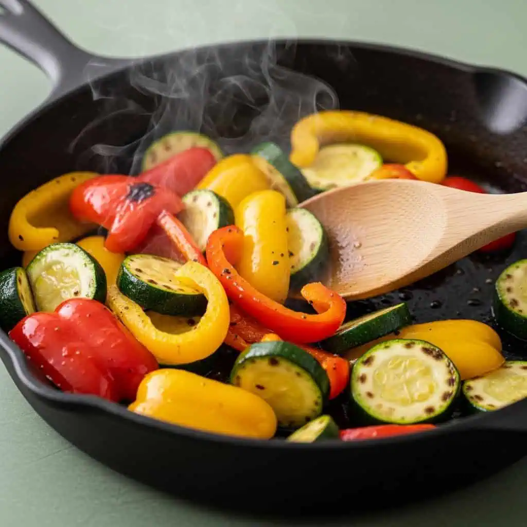 Colorful bell peppers and zucchini being sautéed for pasta primavera