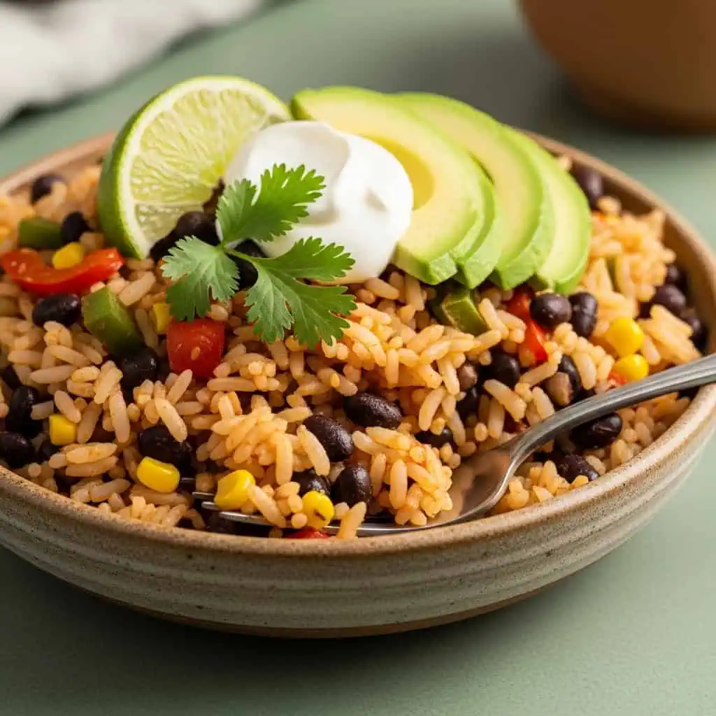 Finished one pot rice and beans in bowl with toppings from side view