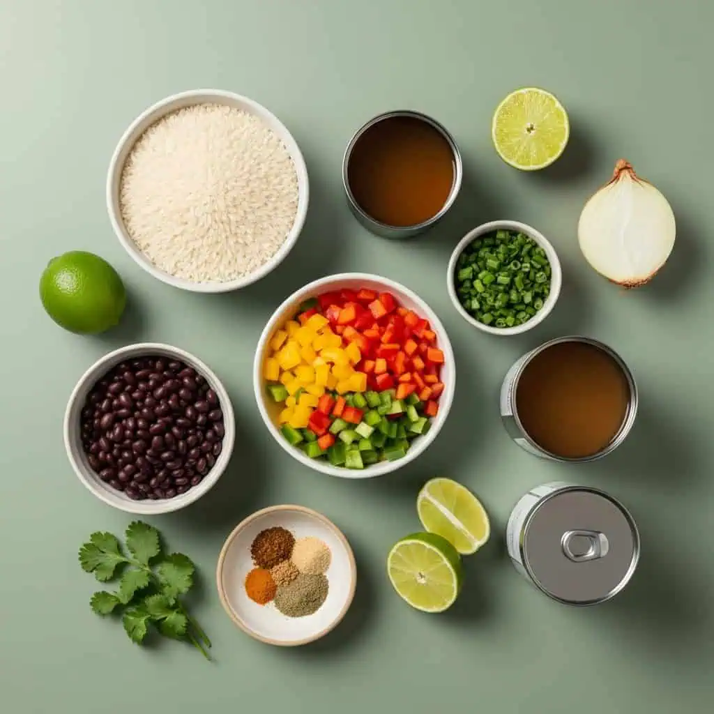 All ingredients for one pot rice and beans including rice, black beans, and vegetables