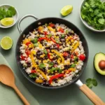 One pot rice and beans in skillet with black beans, peppers, and corn