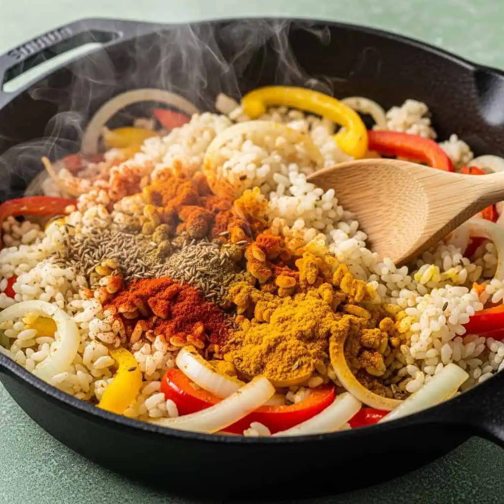 White rice being toasted with bell peppers and spices in skillet