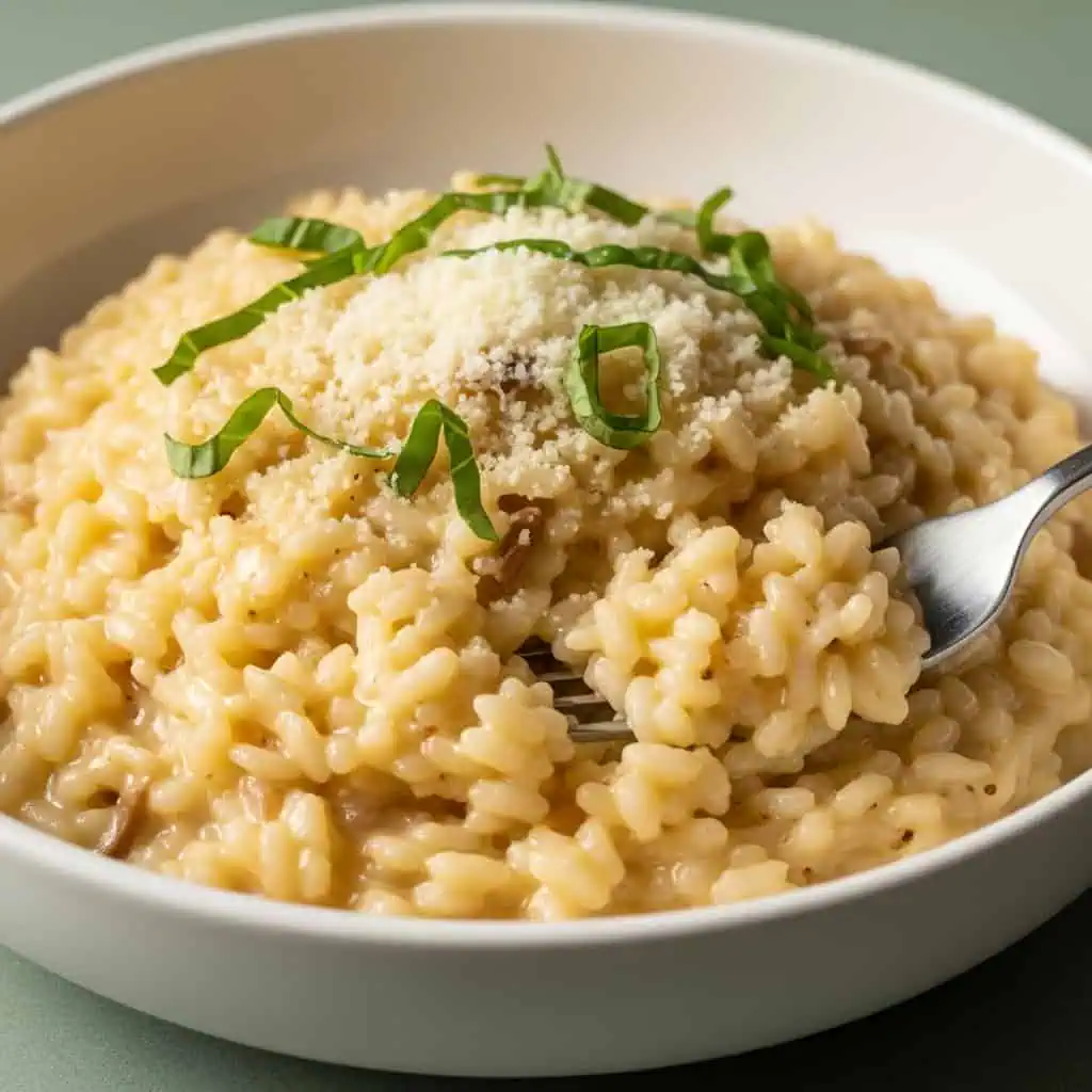 Finished one pot risotto in bowl with creamy flowing texture from side view
