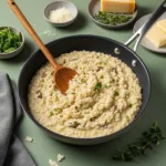 One pot risotto in skillet showing creamy Parmesan-coated rice with glossy texture
