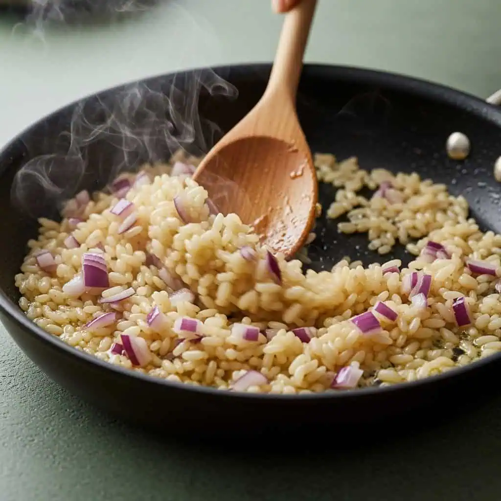 Arborio rice being toasted with shallots showing translucent edges