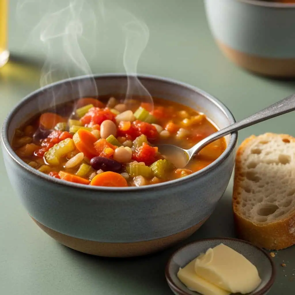 One pot soup in bowl with crusty bread from side view showing steam