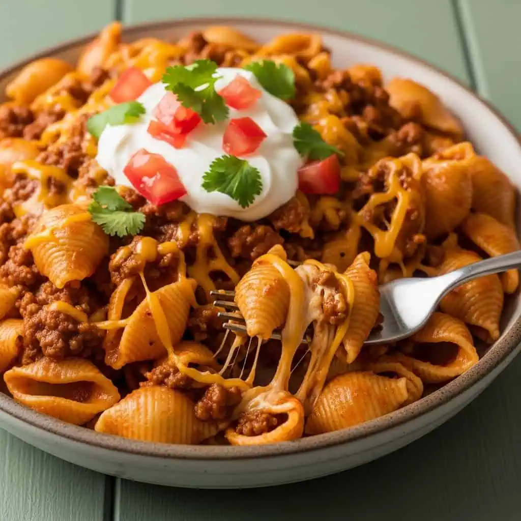 Finished one pot taco pasta in bowl with melted cheese, sour cream, and cilantro