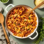 One pot taco pasta in skillet with seasoned beef, shells, and melted cheddar cheese