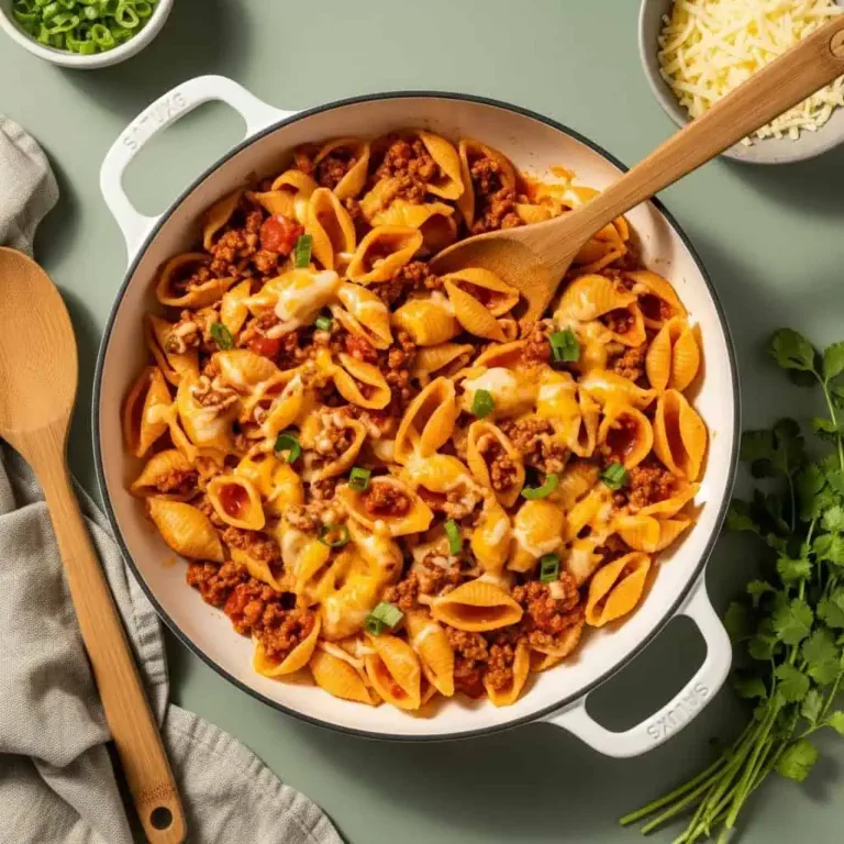 One pot taco pasta in skillet with seasoned beef, shells, and melted cheddar cheese
