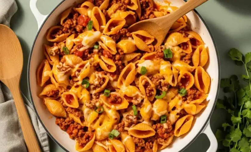 One pot taco pasta in skillet with seasoned beef, shells, and melted cheddar cheese