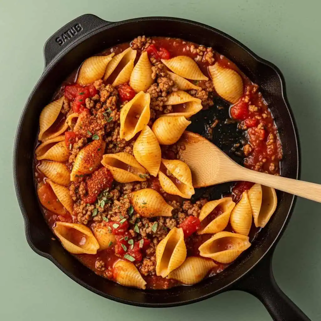  Pasta shells cooking in taco sauce with ground beef showing one pot method
