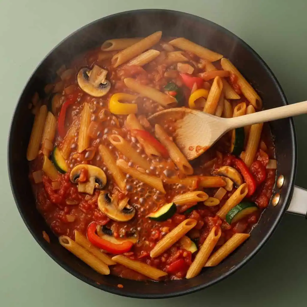 Penne pasta cooking in rich tomato sauce with vegetables showing one pot method