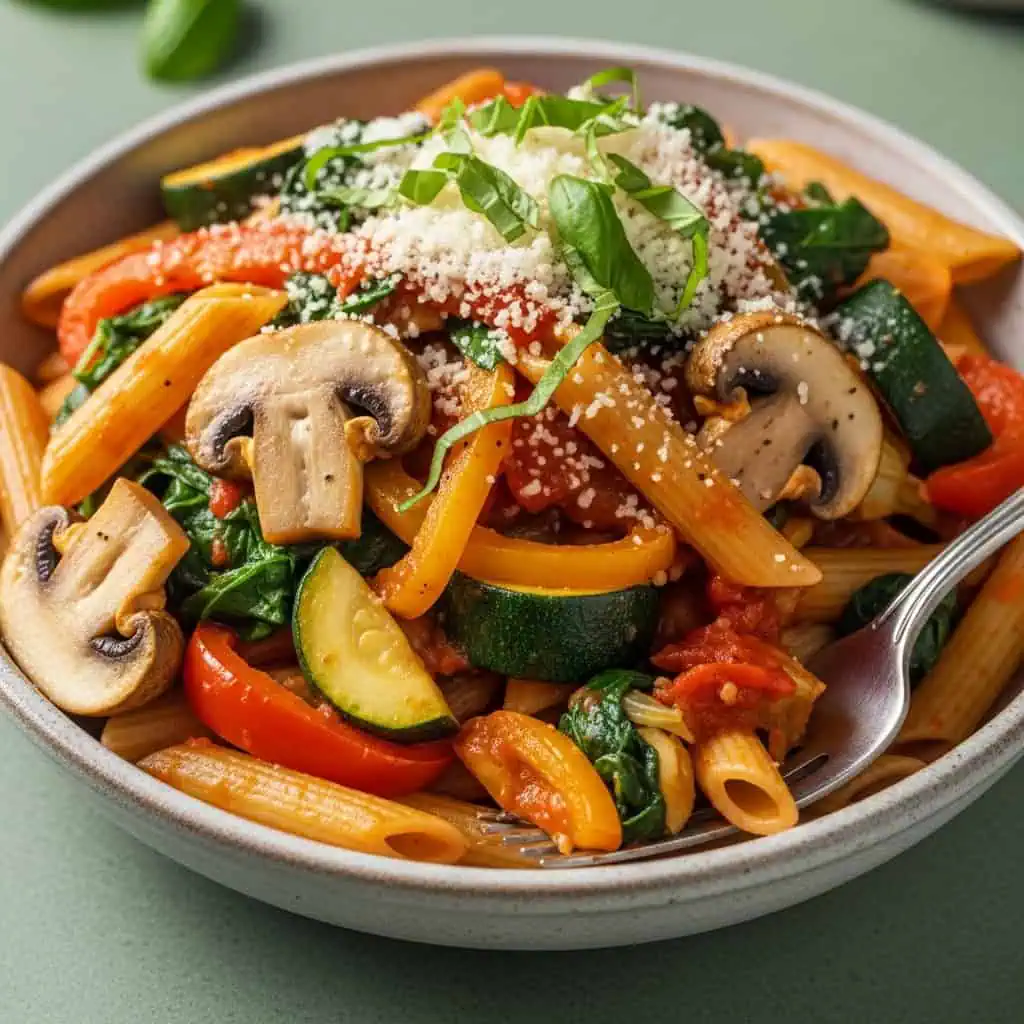 Finished one pot vegetarian pasta in bowl with vegetables and Parmesan from side view