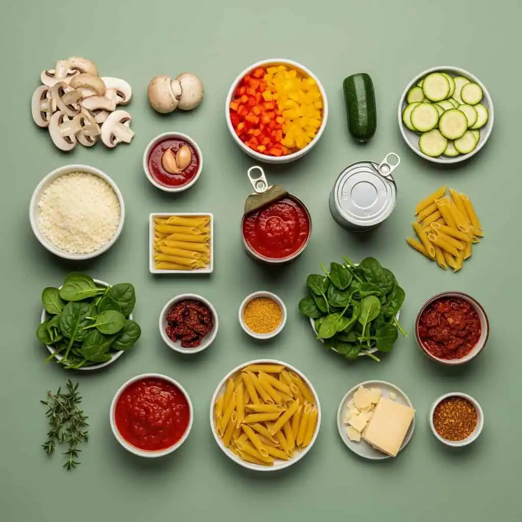 All ingredients for one pot vegetarian pasta with fresh vegetables and pasta