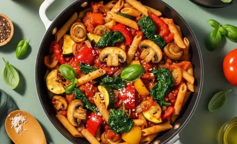 One pot vegetarian pasta in skillet with mushrooms, peppers, spinach in tomato sauce