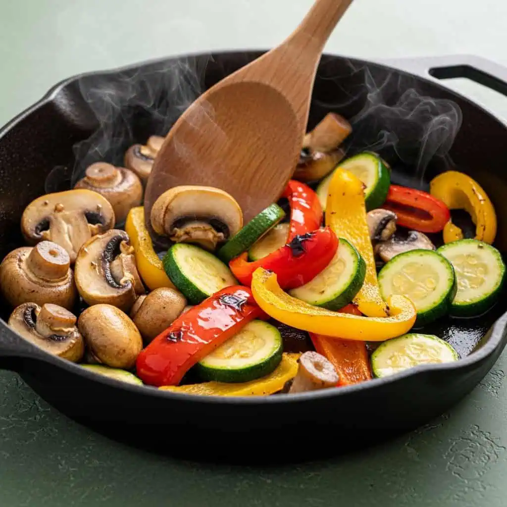 Mushrooms and colorful vegetables being sautéed for vegetarian pasta