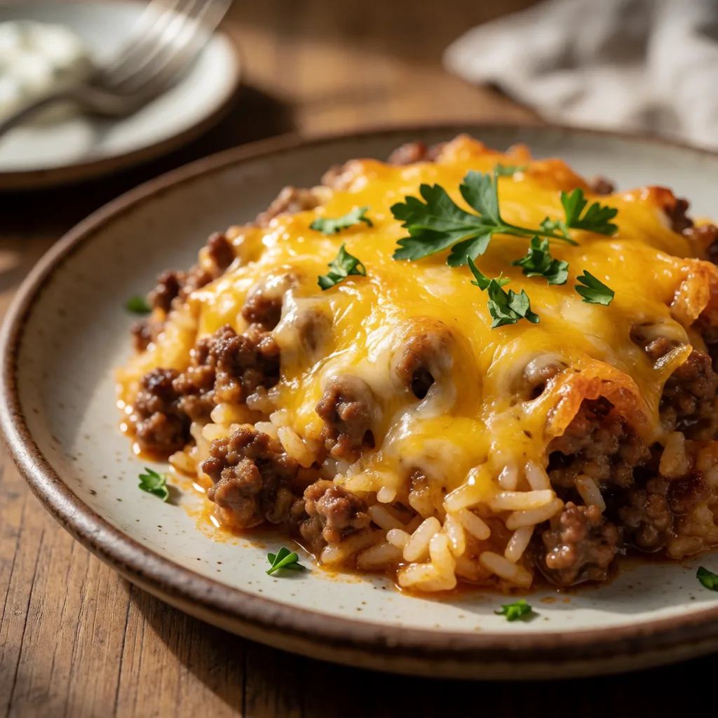 Cheesy Ground Beef and Rice Casserole