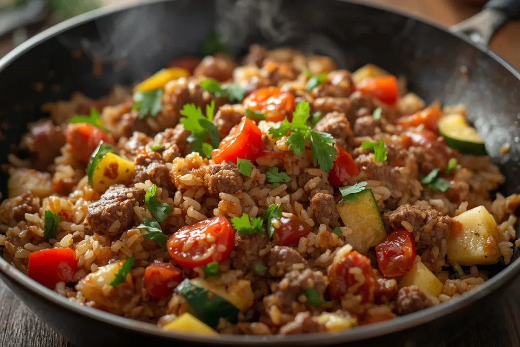Halal ground beef and vegetable skillet for an easy dinner
