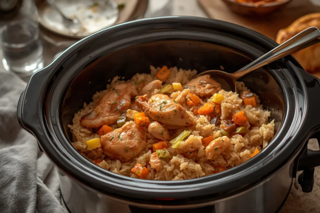Lazy crockpot chicken and rice dinner