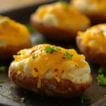 Cheesy twice-baked potato boats with crispy russet potato skins, creamy filling, and golden melted cheese.