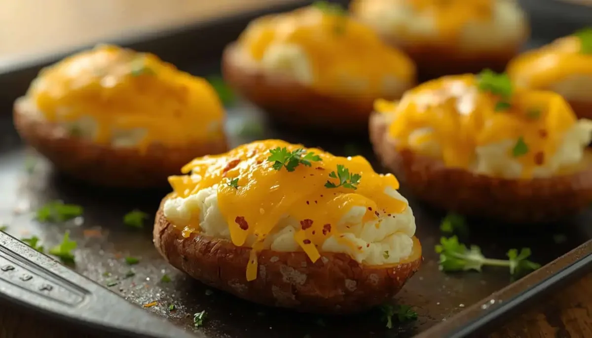 Cheesy twice-baked potato boats with crispy russet potato skins, creamy filling, and golden melted cheese.