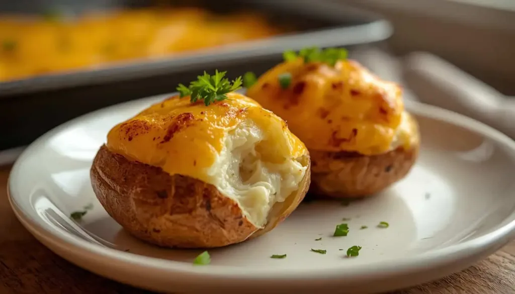 A serving of golden cheesy twice-baked potato boats with fluffy mashed potato filling and fresh parsley.