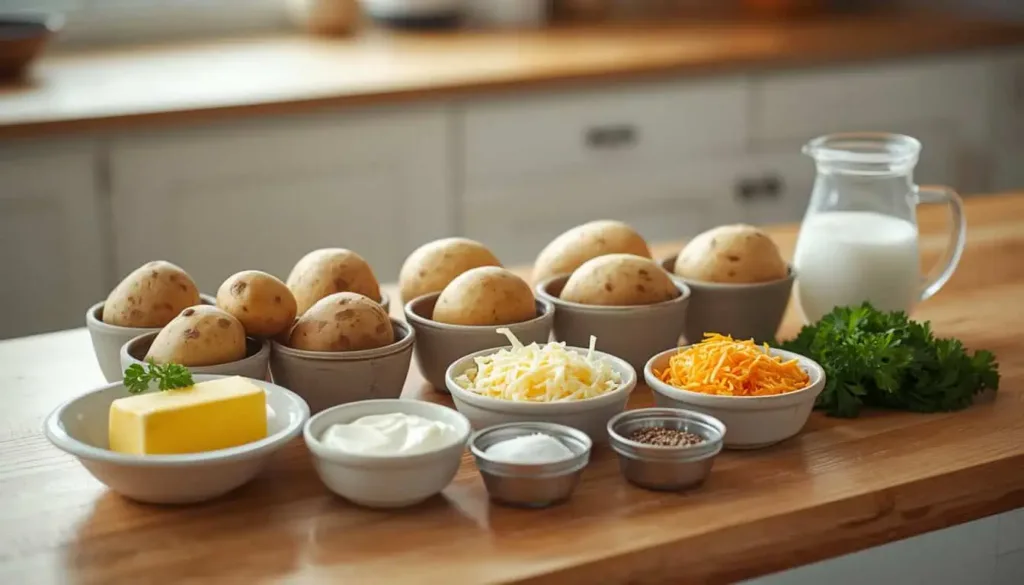 Ingredients for cheesy twice-baked potato boats including russet potatoes, butter, sour cream, milk, cheese, and parsley.