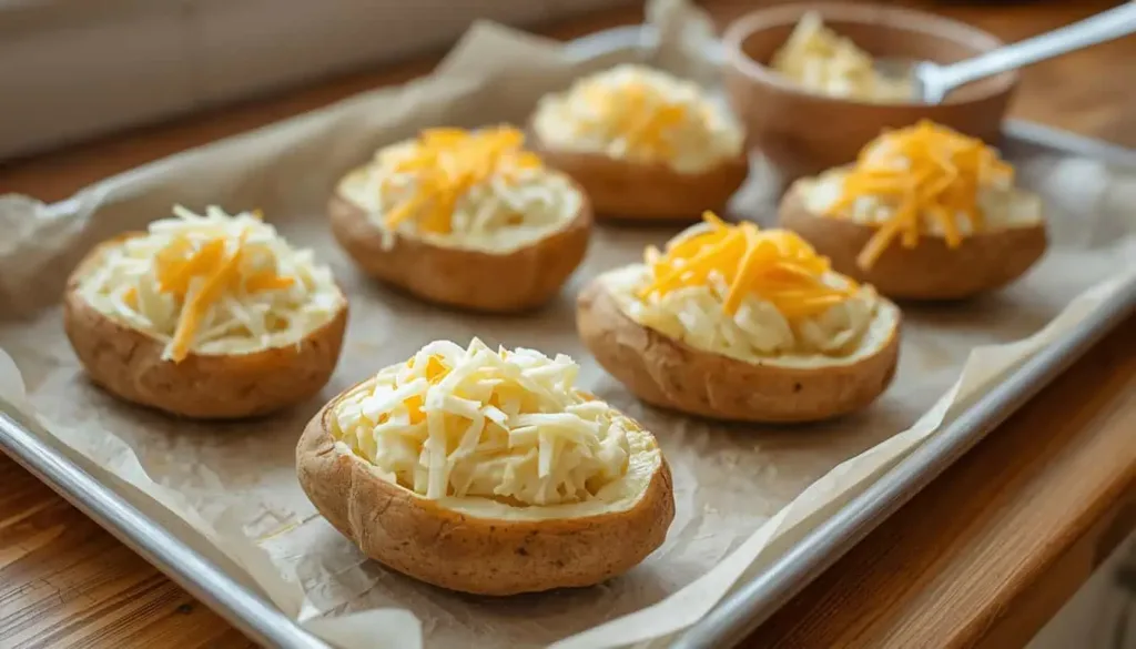 Baked russet potato shells filled with creamy mashed potatoes and shredded cheese before the second baking.